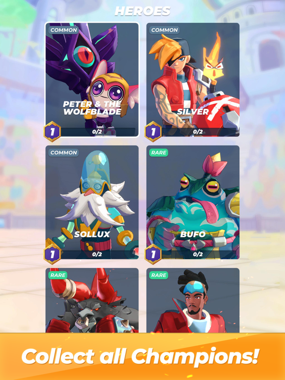 Arena Battle Champions — champion collection roster screen showing heroes Peter & The Wolfblade, Silver, Sollux, and Bufo with rarity tiers