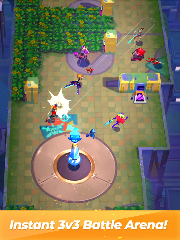 Arena Battle Champions — isometric 3v3 MOBA arena gameplay showing champions battling near a central tower