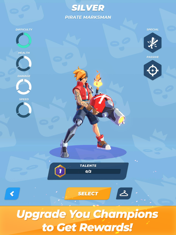 Arena Battle Champions — champion detail screen for Silver the Pirate Marksman showing stats, abilities, and talent progression