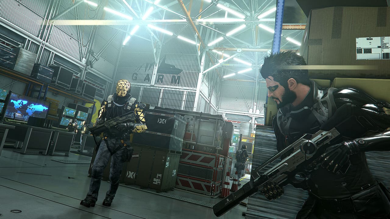 Mankind Divided — Adam Jensen in rain-soaked Prague street with aug visibility