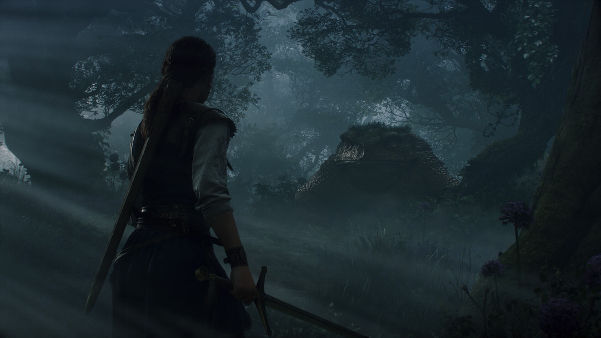 Fable — hero facing a large creature in a dark misty Albion forest at night