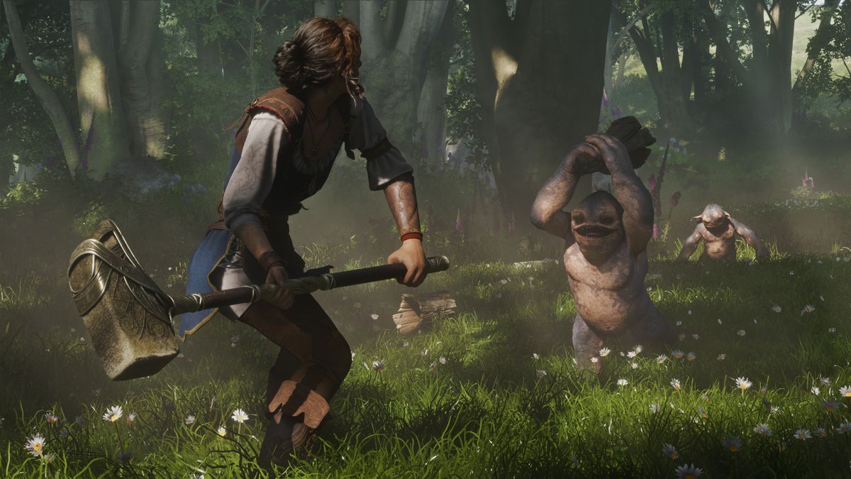 Fable — hero wielding a hammer against goblin-like creatures in a sunlit Albion meadow