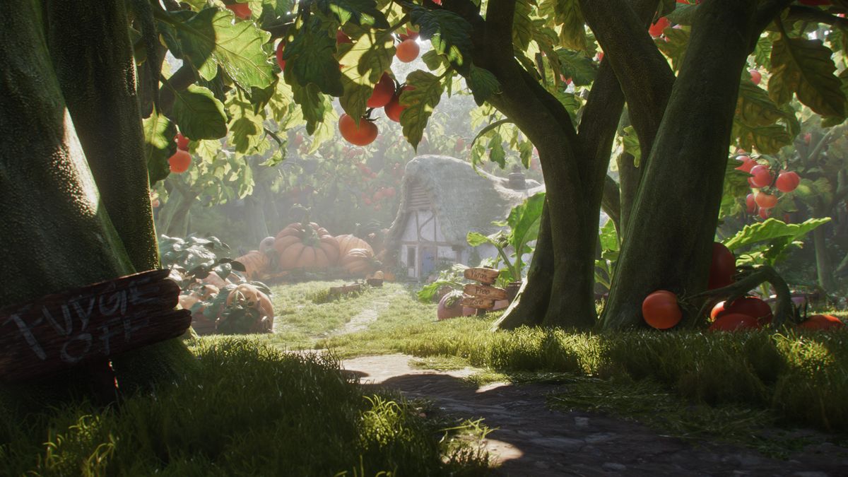 Fable — lush Albion orchard with fruit trees, pumpkins, and a thatched village cottage