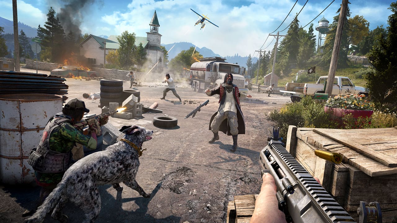 Far Cry 5 — Hope County open world landscape with Montana mountains and cult signage